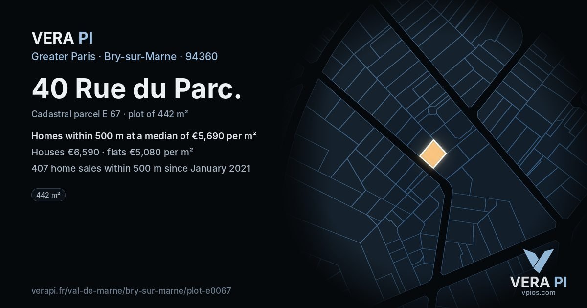 40 Rue du Parc, Bry-sur-Marne at night – the plot lit, the parcels around coloured by the prices near them