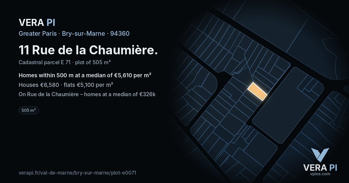 11 Rue de la Chaumière, Bry-sur-Marne at night – the plot lit, the parcels around coloured by the prices near them