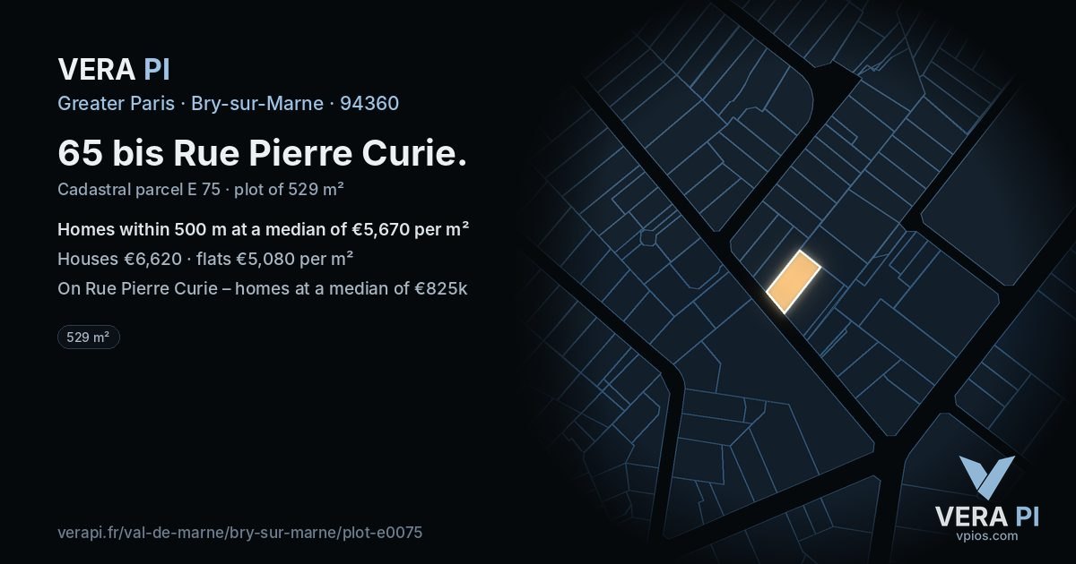 65 bis Rue Pierre Curie, Bry-sur-Marne at night – the plot lit, the parcels around coloured by the prices near them