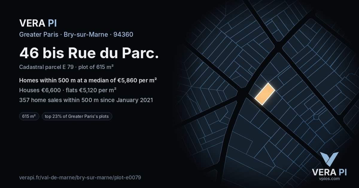 46 bis Rue du Parc, Bry-sur-Marne at night – the plot lit, the parcels around coloured by the prices near them