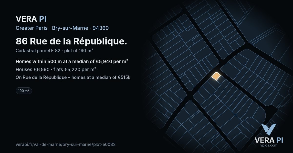 86 Rue de la République, Bry-sur-Marne at night – the plot lit, the parcels around coloured by the prices near them