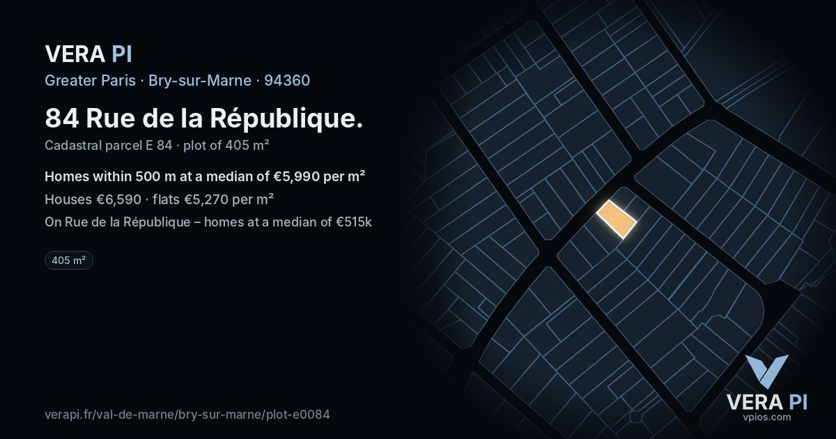 84 Rue de la République, Bry-sur-Marne at night – the plot lit, the parcels around coloured by the prices near them
