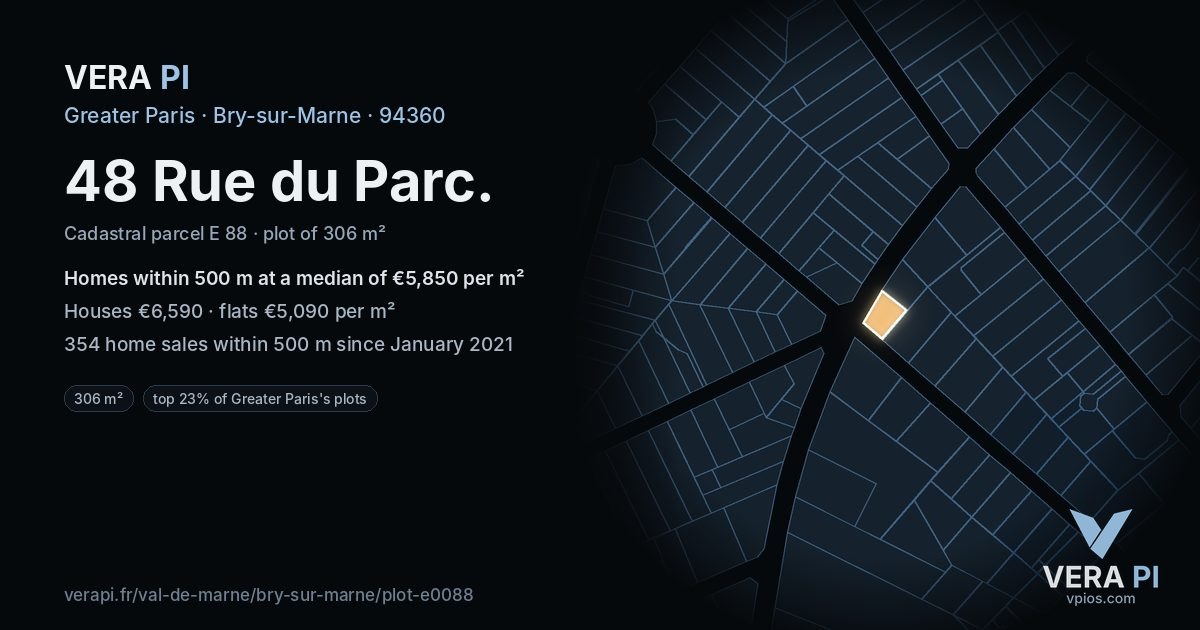 48 Rue du Parc, Bry-sur-Marne at night – the plot lit, the parcels around coloured by the prices near them
