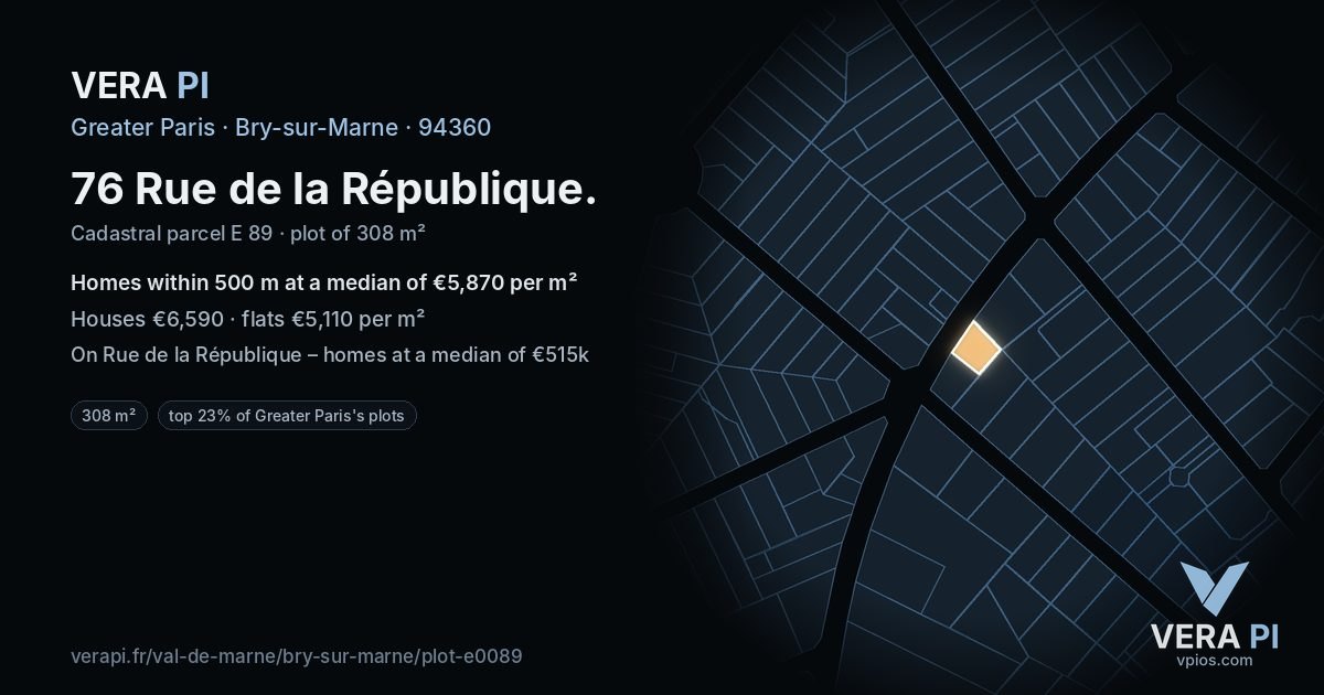 76 Rue de la République, Bry-sur-Marne at night – the plot lit, the parcels around coloured by the prices near them