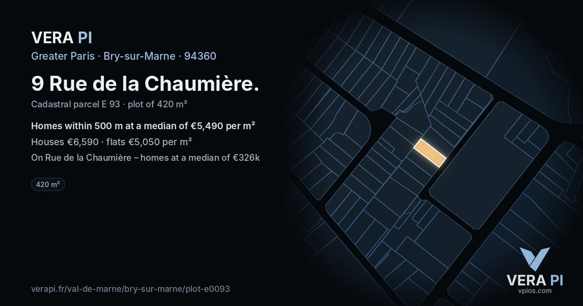 9 Rue de la Chaumière, Bry-sur-Marne at night – the plot lit, the parcels around coloured by the prices near them
