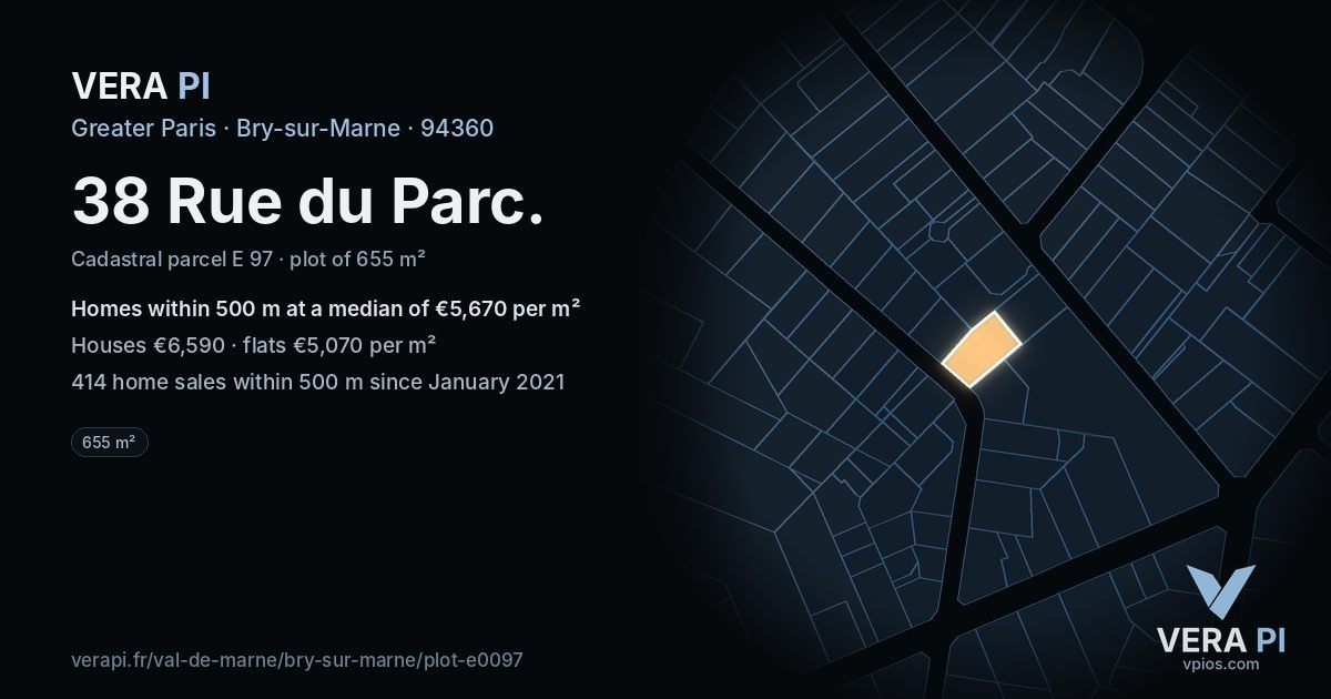 38 Rue du Parc, Bry-sur-Marne at night – the plot lit, the parcels around coloured by the prices near them