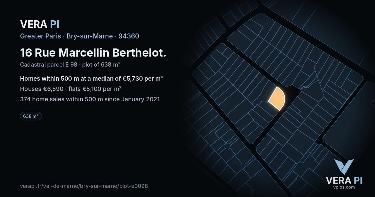 16 Rue Marcellin Berthelot, Bry-sur-Marne at night – the plot lit, the parcels around coloured by the prices near them