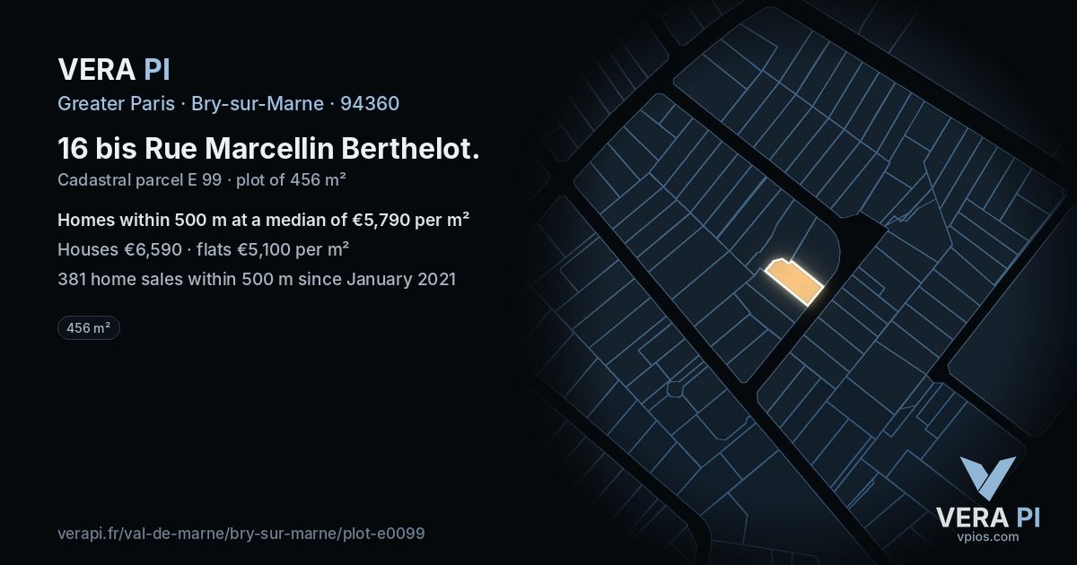 16 bis Rue Marcellin Berthelot, Bry-sur-Marne at night – the plot lit, the parcels around coloured by the prices near them