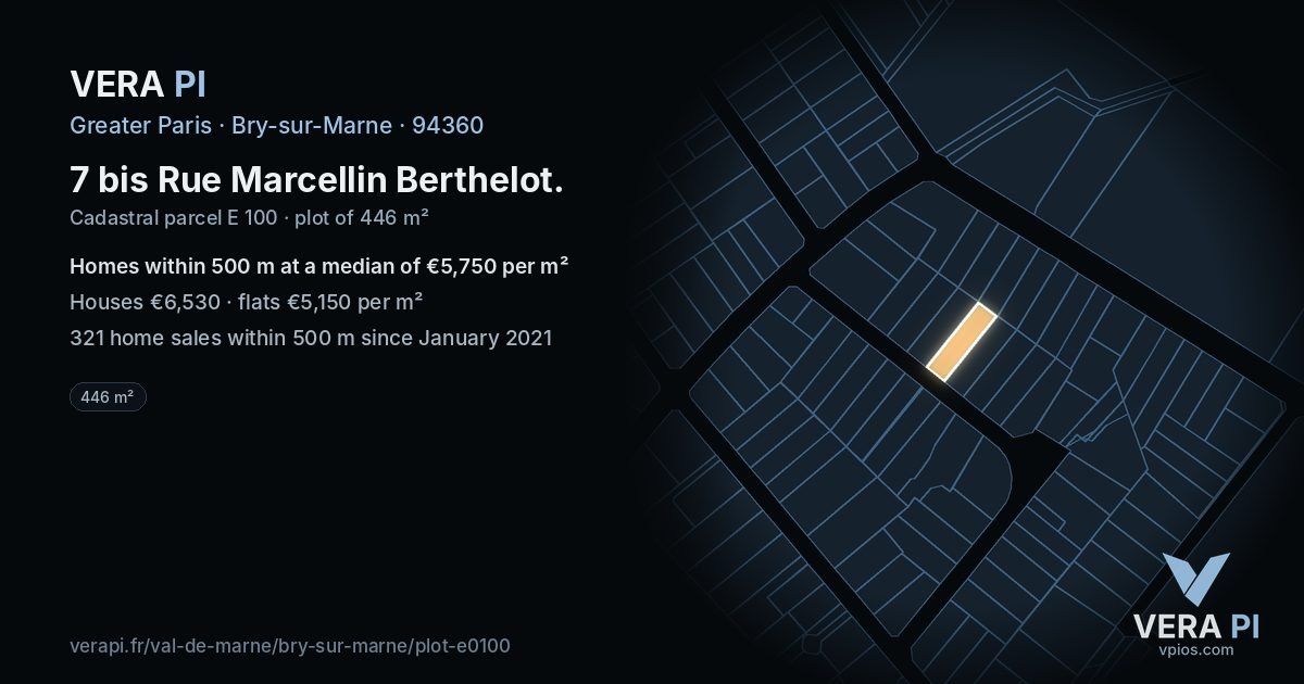 7 bis Rue Marcellin Berthelot, Bry-sur-Marne at night – the plot lit, the parcels around coloured by the prices near them