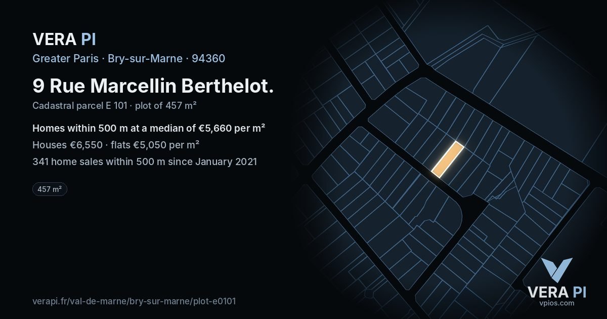 9 Rue Marcellin Berthelot, Bry-sur-Marne at night – the plot lit, the parcels around coloured by the prices near them