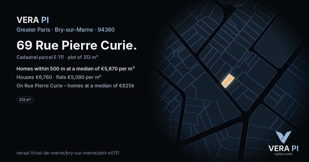 69 Rue Pierre Curie, Bry-sur-Marne at night – the plot lit, the parcels around coloured by the prices near them