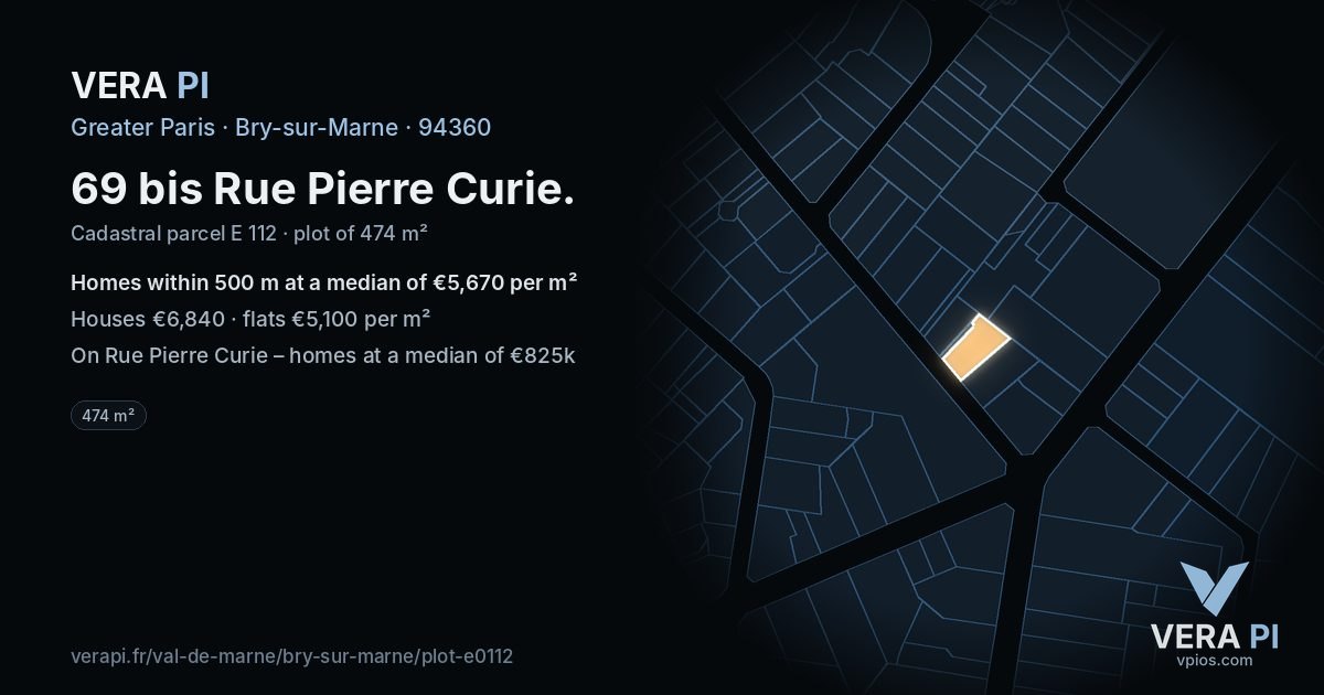 69 bis Rue Pierre Curie, Bry-sur-Marne at night – the plot lit, the parcels around coloured by the prices near them