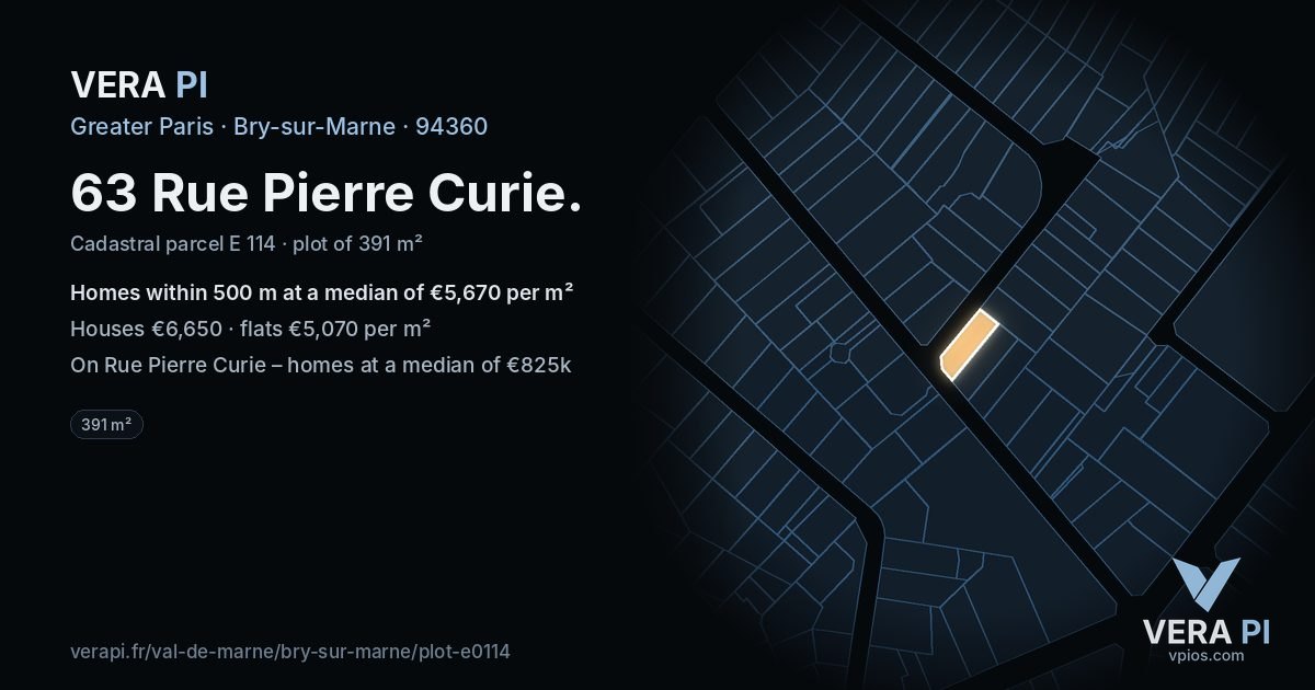 63 Rue Pierre Curie, Bry-sur-Marne at night – the plot lit, the parcels around coloured by the prices near them