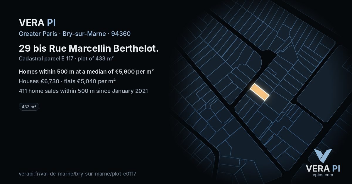 29 bis Rue Marcellin Berthelot, Bry-sur-Marne at night – the plot lit, the parcels around coloured by the prices near them