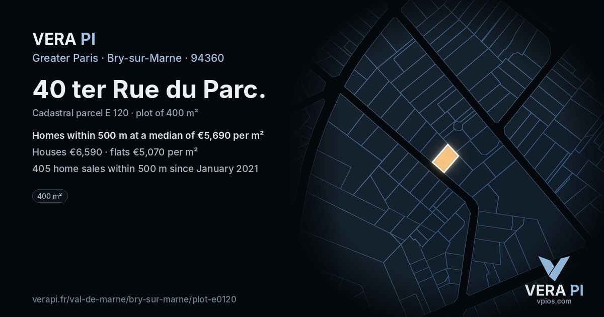 40 ter Rue du Parc, Bry-sur-Marne at night – the plot lit, the parcels around coloured by the prices near them