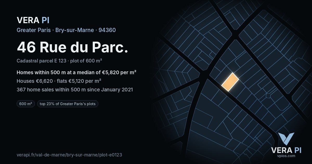 46 Rue du Parc, Bry-sur-Marne at night – the plot lit, the parcels around coloured by the prices near them