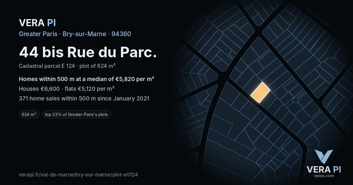 44 bis Rue du Parc, Bry-sur-Marne at night – the plot lit, the parcels around coloured by the prices near them