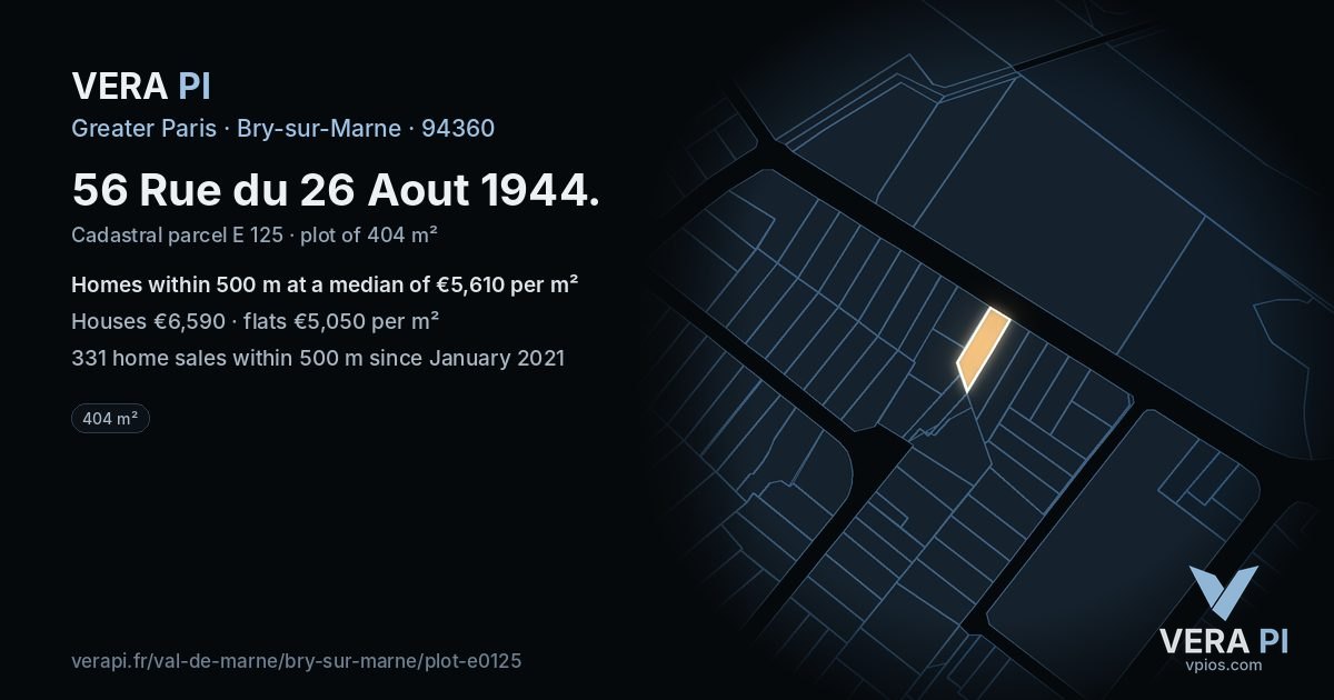 56 Rue du 26 Aout 1944, Bry-sur-Marne at night – the plot lit, the parcels around coloured by the prices near them