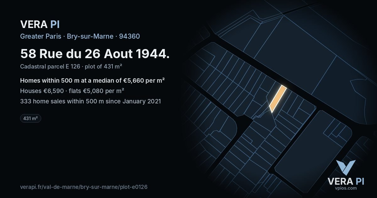 58 Rue du 26 Aout 1944, Bry-sur-Marne at night – the plot lit, the parcels around coloured by the prices near them