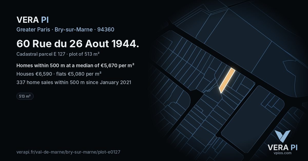 60 Rue du 26 Aout 1944, Bry-sur-Marne at night – the plot lit, the parcels around coloured by the prices near them