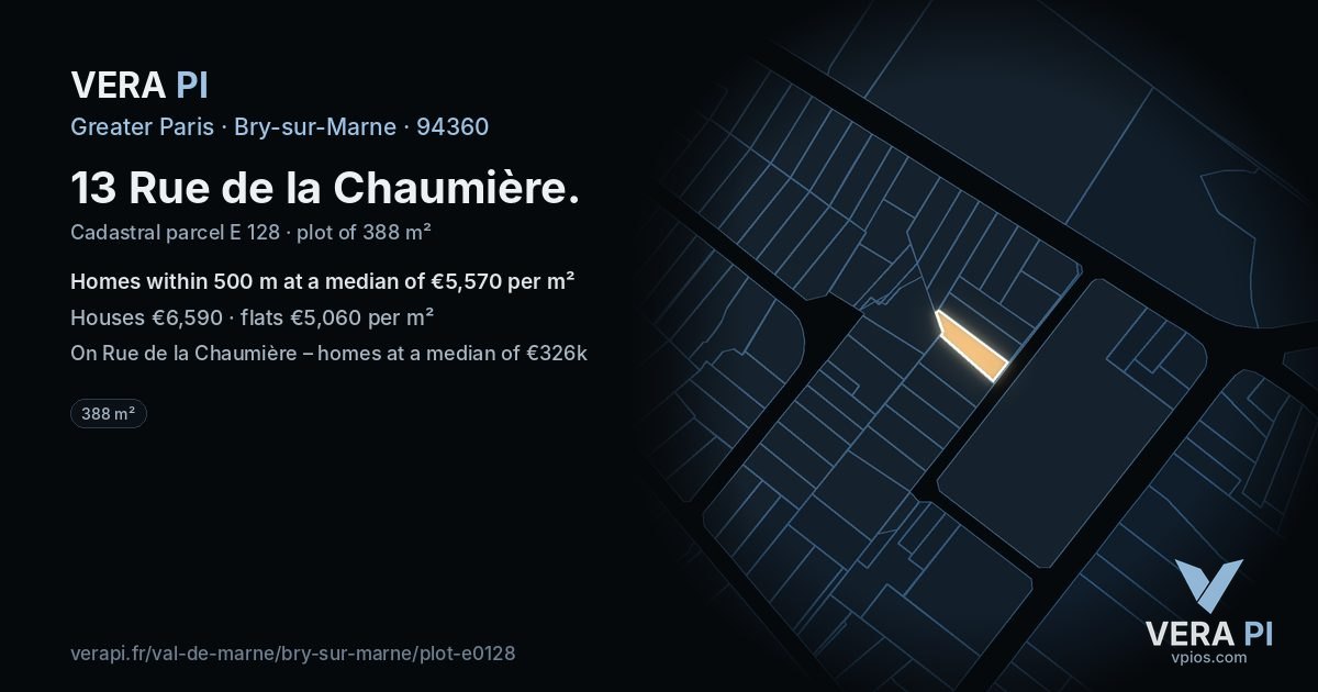 13 Rue de la Chaumière, Bry-sur-Marne at night – the plot lit, the parcels around coloured by the prices near them