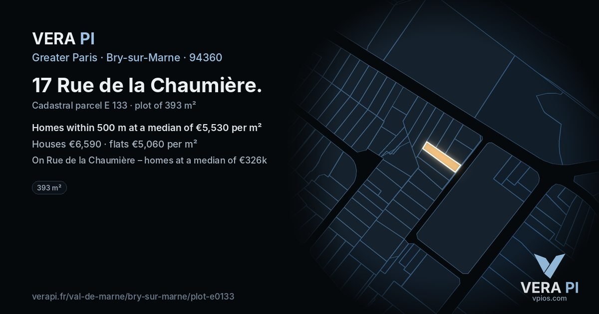 17 Rue de la Chaumière, Bry-sur-Marne at night – the plot lit, the parcels around coloured by the prices near them