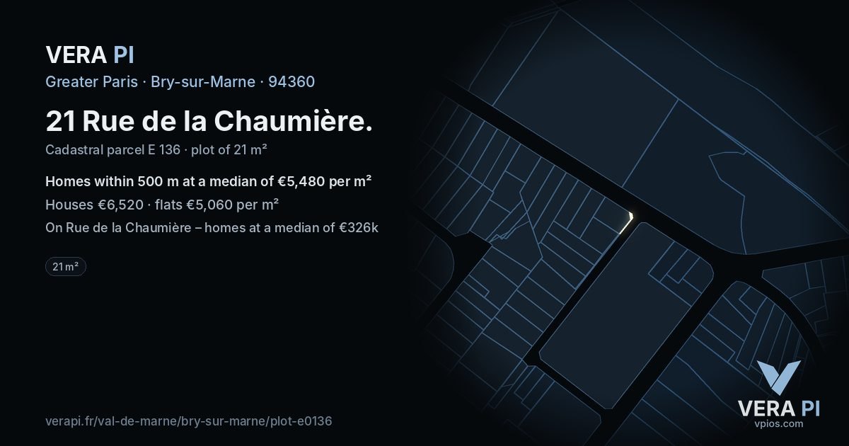 21 Rue de la Chaumière, Bry-sur-Marne at night – the plot lit, the parcels around coloured by the prices near them