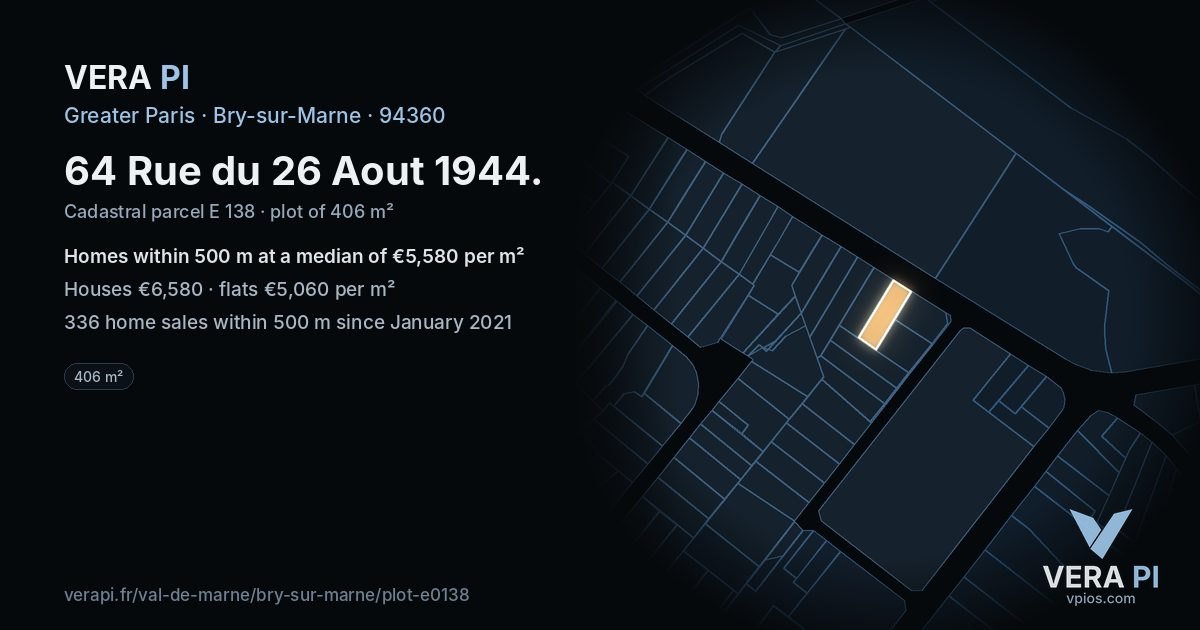 64 Rue du 26 Aout 1944, Bry-sur-Marne at night – the plot lit, the parcels around coloured by the prices near them