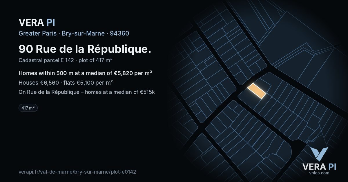 90 Rue de la République, Bry-sur-Marne at night – the plot lit, the parcels around coloured by the prices near them