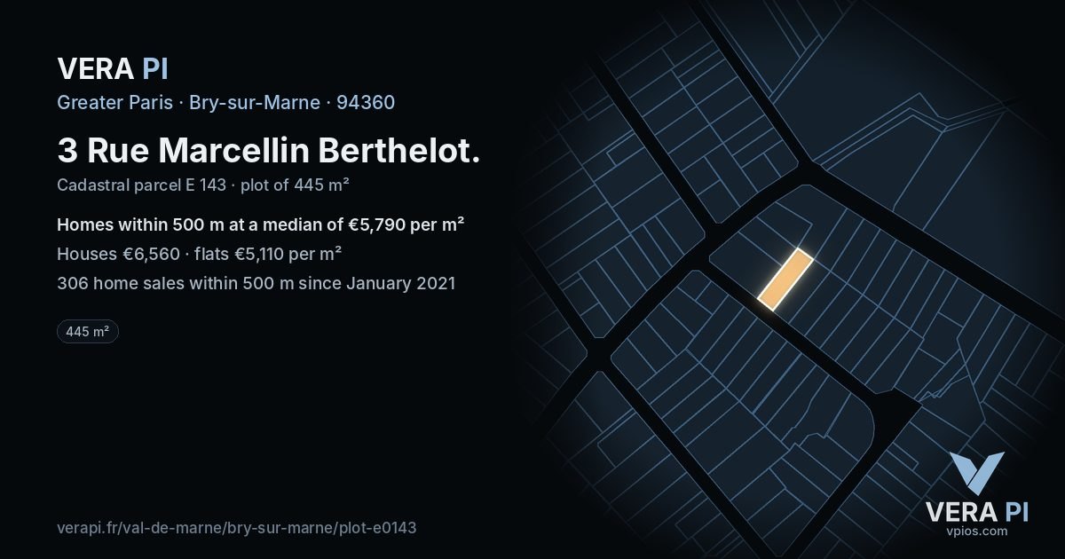 3 Rue Marcellin Berthelot, Bry-sur-Marne at night – the plot lit, the parcels around coloured by the prices near them