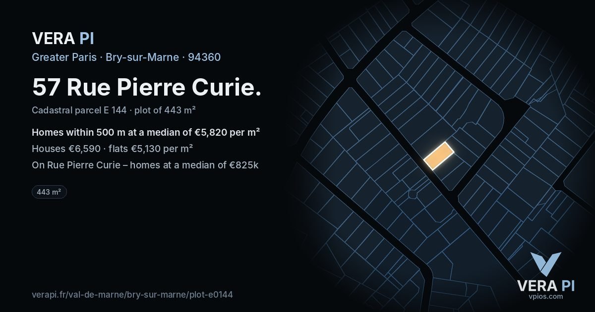 57 Rue Pierre Curie, Bry-sur-Marne at night – the plot lit, the parcels around coloured by the prices near them