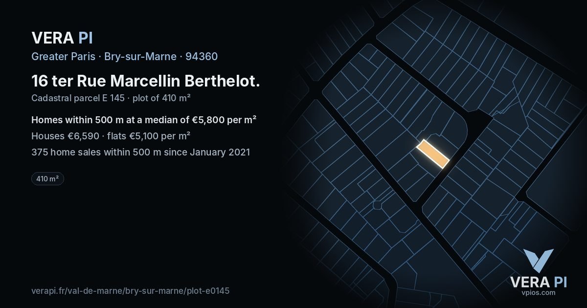 16 ter Rue Marcellin Berthelot, Bry-sur-Marne at night – the plot lit, the parcels around coloured by the prices near them