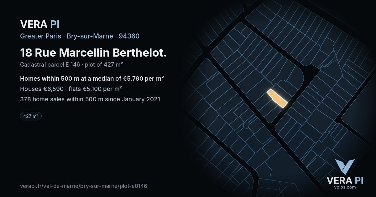 18 Rue Marcellin Berthelot, Bry-sur-Marne at night – the plot lit, the parcels around coloured by the prices near them