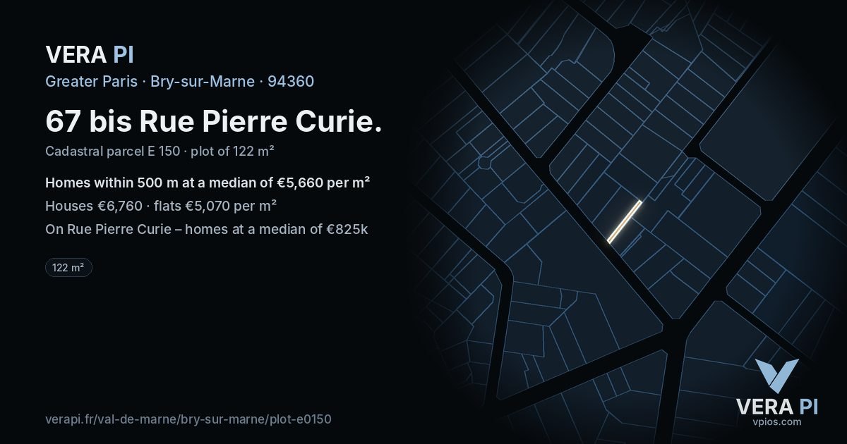 67 bis Rue Pierre Curie, Bry-sur-Marne at night – the plot lit, the parcels around coloured by the prices near them