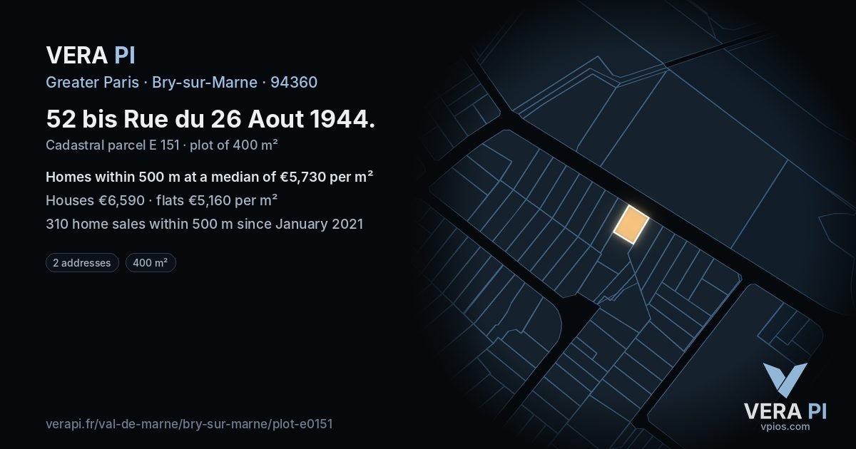 52 bis Rue du 26 Aout 1944, Bry-sur-Marne at night – the plot lit, the parcels around coloured by the prices near them