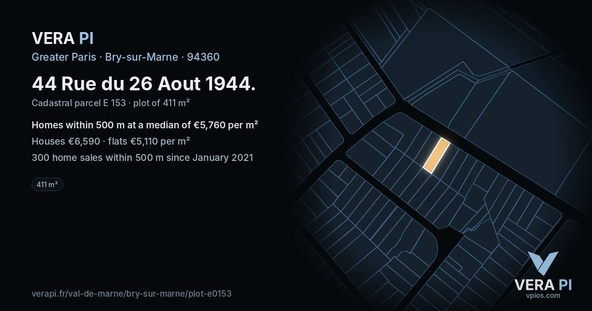 44 Rue du 26 Aout 1944, Bry-sur-Marne at night – the plot lit, the parcels around coloured by the prices near them