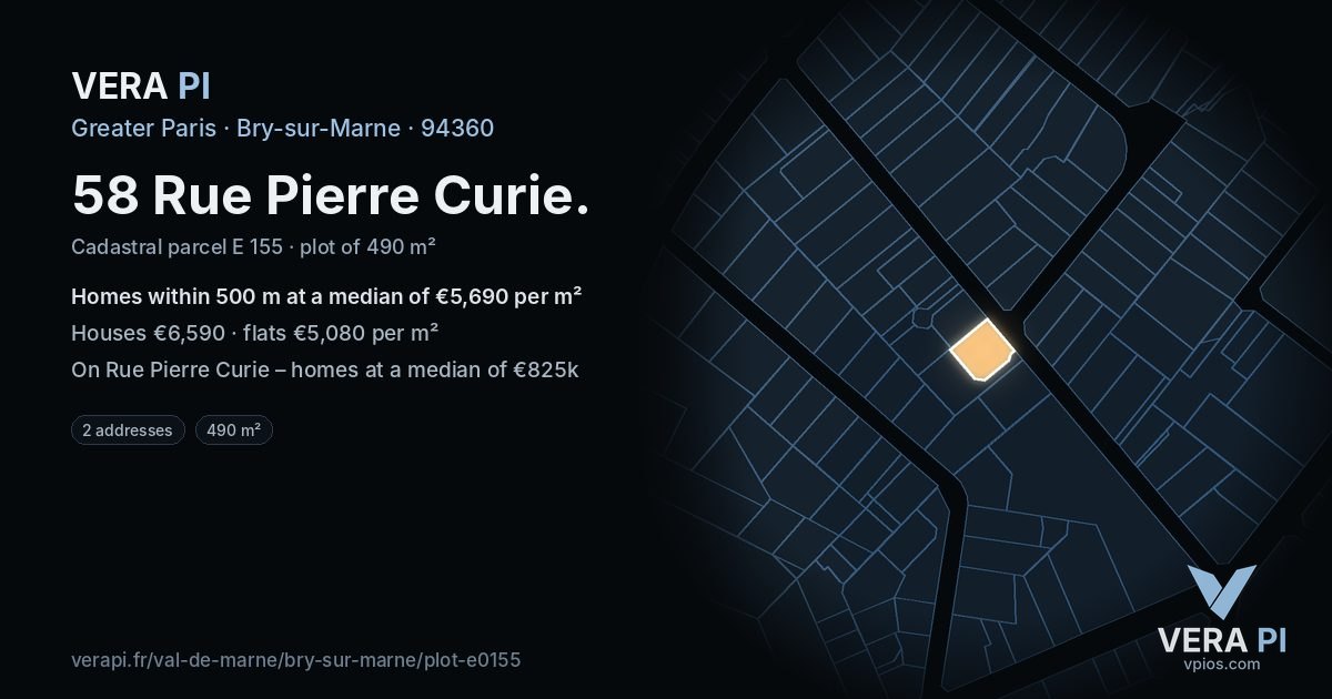 58 Rue Pierre Curie, Bry-sur-Marne at night – the plot lit, the parcels around coloured by the prices near them