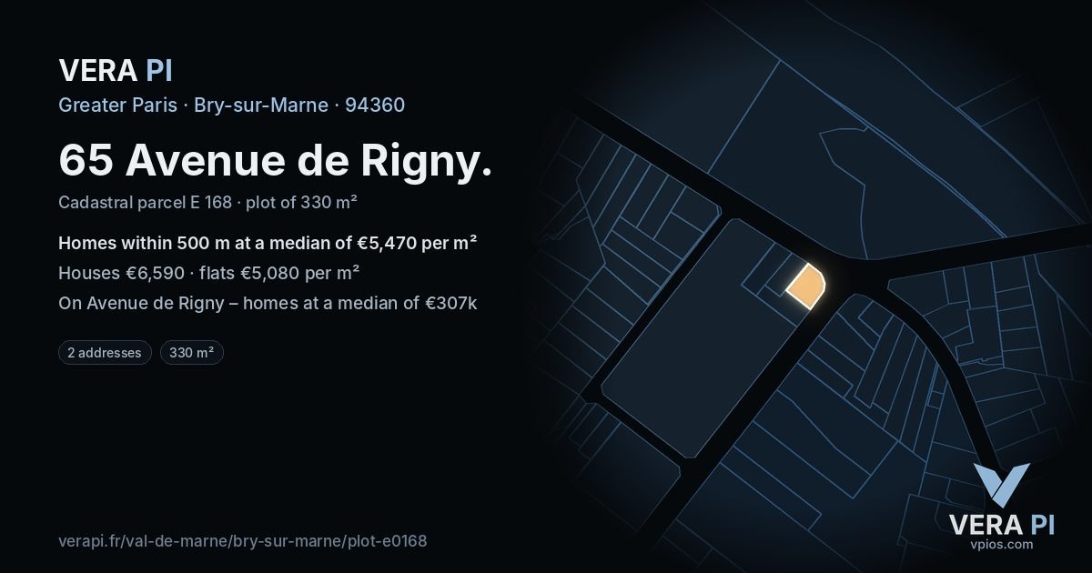 65 Avenue de Rigny, Bry-sur-Marne at night – the plot lit, the parcels around coloured by the prices near them