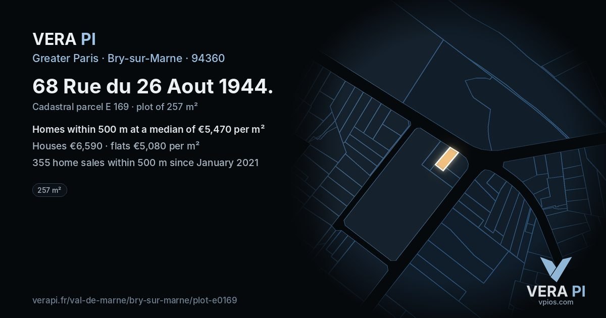 68 Rue du 26 Aout 1944, Bry-sur-Marne at night – the plot lit, the parcels around coloured by the prices near them