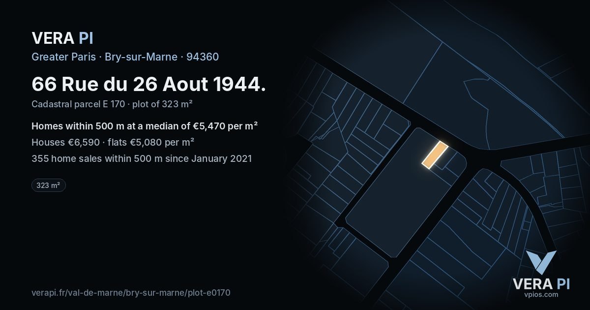 66 Rue du 26 Aout 1944, Bry-sur-Marne at night – the plot lit, the parcels around coloured by the prices near them