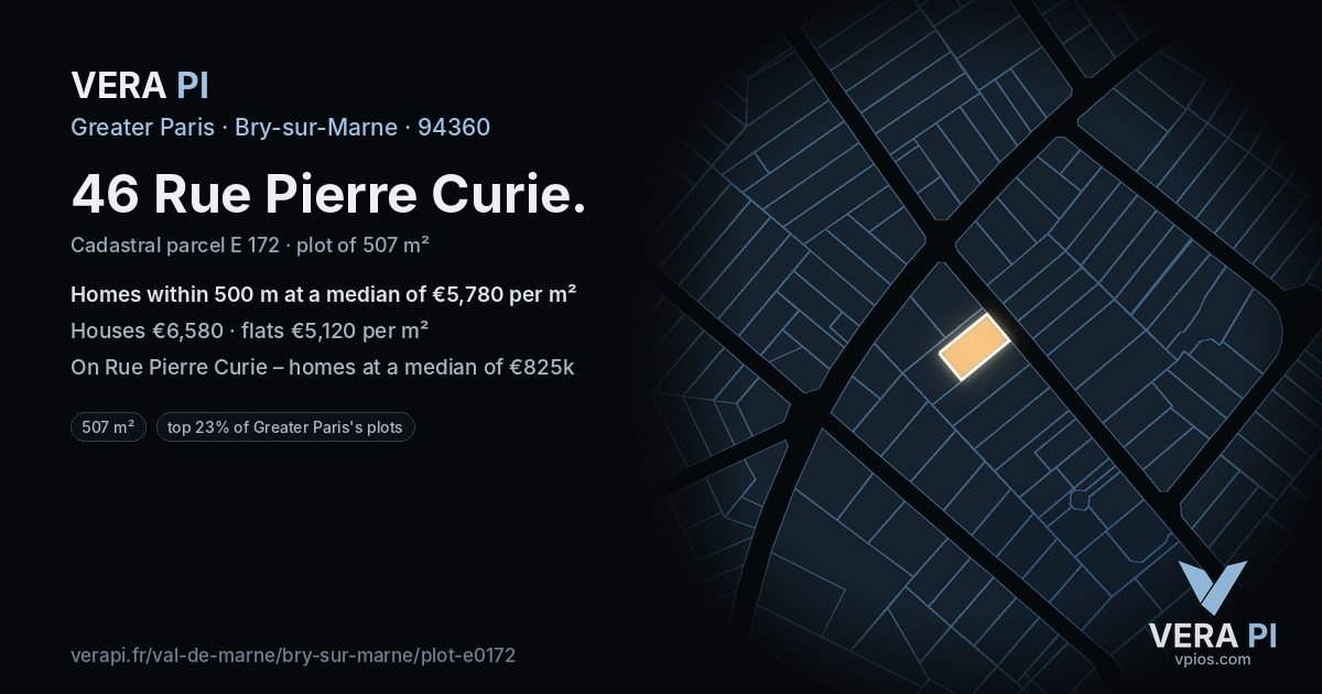46 Rue Pierre Curie, Bry-sur-Marne at night – the plot lit, the parcels around coloured by the prices near them