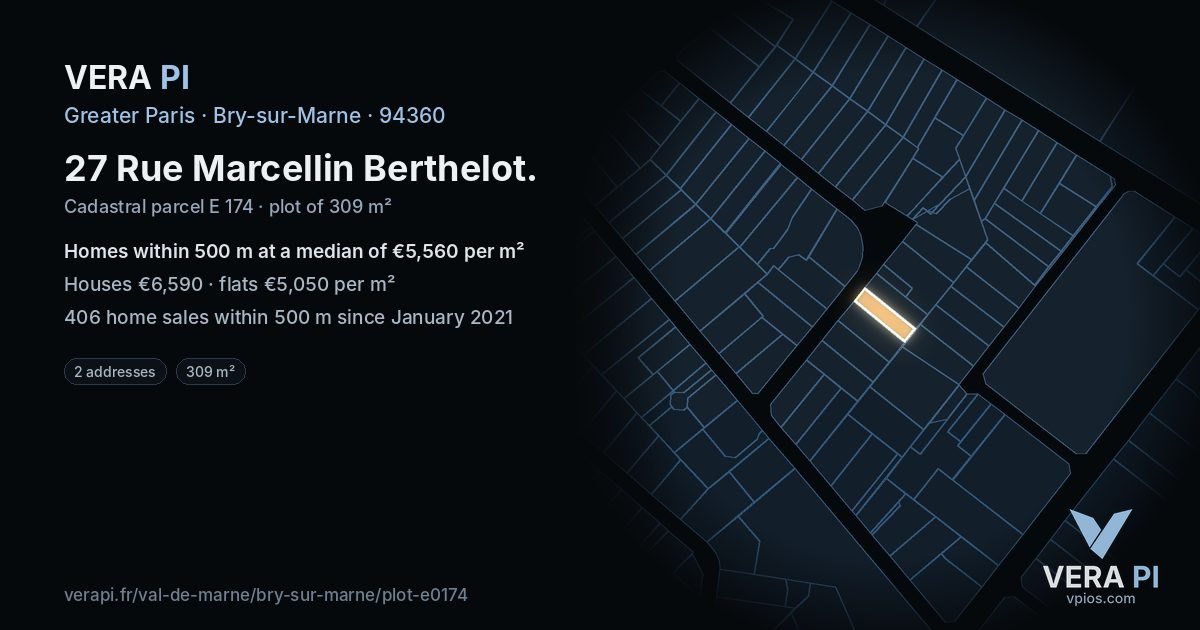 27 Rue Marcellin Berthelot, Bry-sur-Marne at night – the plot lit, the parcels around coloured by the prices near them