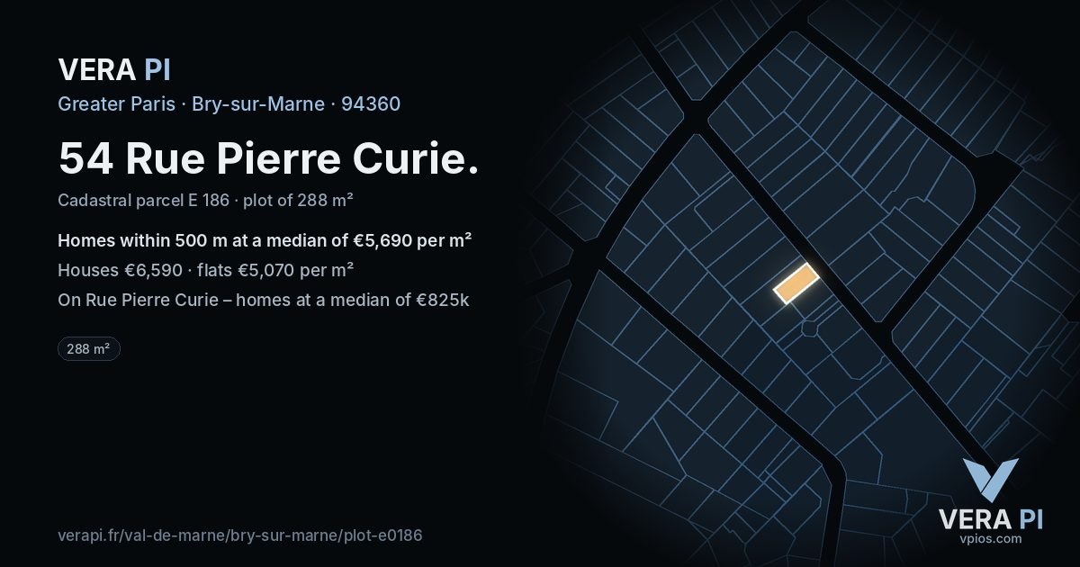 54 Rue Pierre Curie, Bry-sur-Marne at night – the plot lit, the parcels around coloured by the prices near them