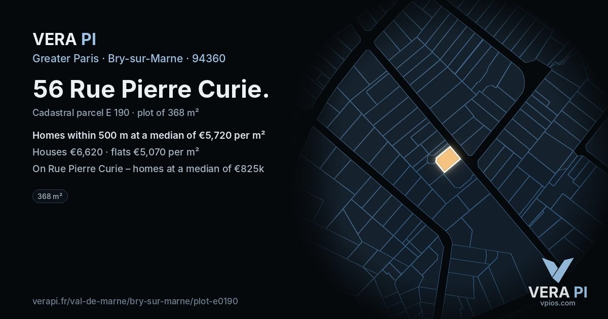 56 Rue Pierre Curie, Bry-sur-Marne at night – the plot lit, the parcels around coloured by the prices near them