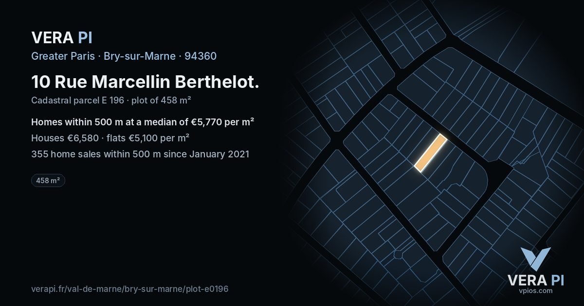 10 Rue Marcellin Berthelot, Bry-sur-Marne at night – the plot lit, the parcels around coloured by the prices near them