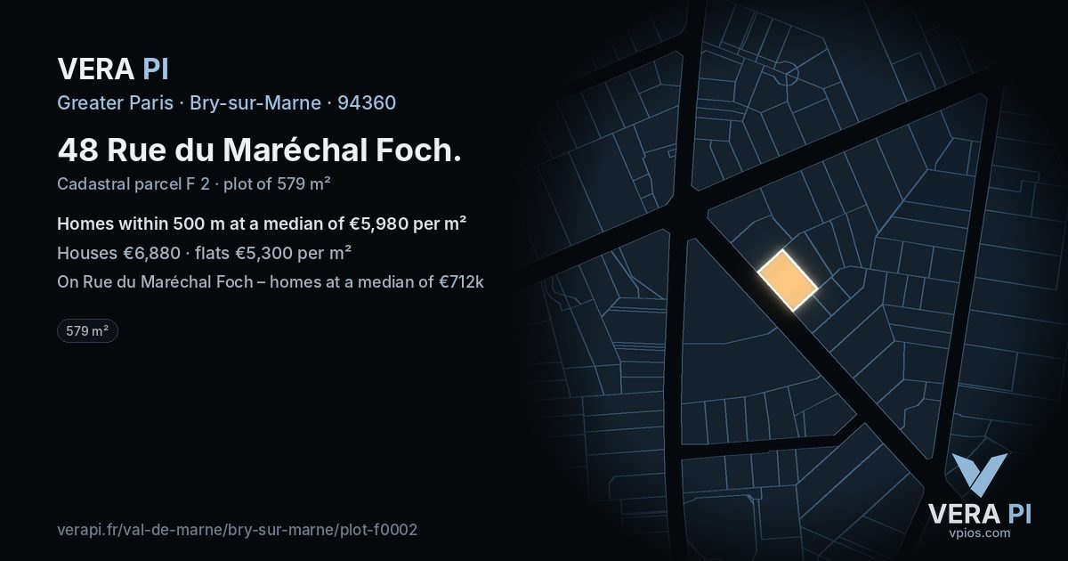 48 Rue du Maréchal Foch, Bry-sur-Marne at night – the plot lit, the parcels around coloured by the prices near them