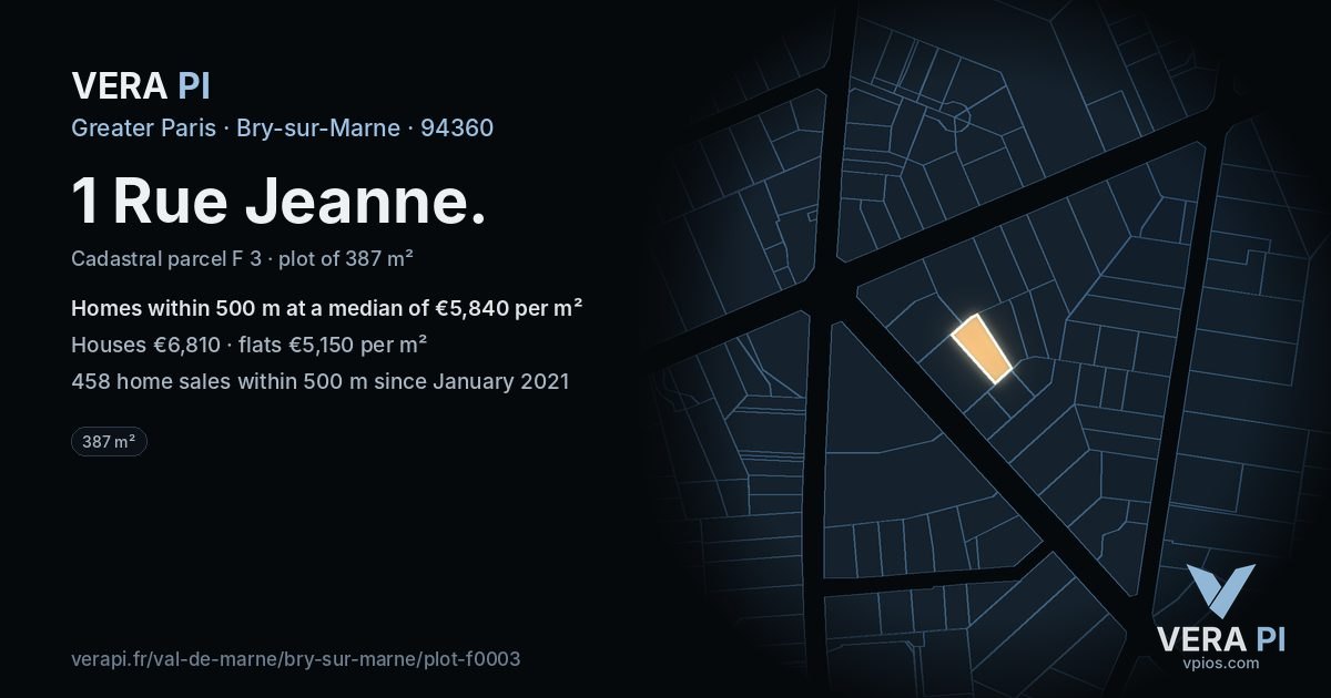 1 Rue Jeanne, Bry-sur-Marne at night – the plot lit, the parcels around coloured by the prices near them