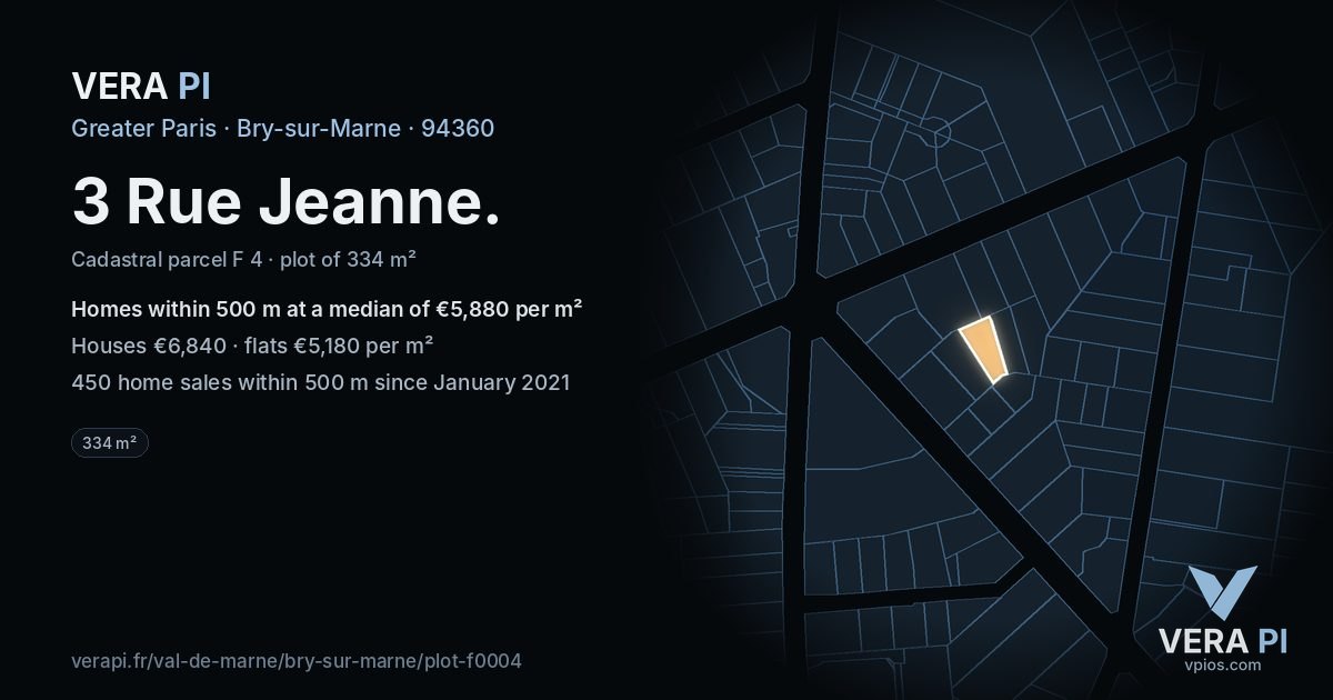 3 Rue Jeanne, Bry-sur-Marne at night – the plot lit, the parcels around coloured by the prices near them