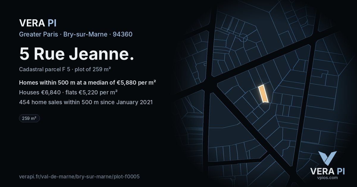 5 Rue Jeanne, Bry-sur-Marne at night – the plot lit, the parcels around coloured by the prices near them