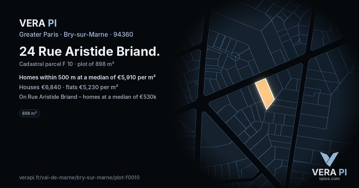 24 Rue Aristide Briand, Bry-sur-Marne at night – the plot lit, the parcels around coloured by the prices near them